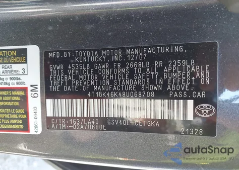 2008 Toyota Camry Xle V6 from USA, damaged, VIN 4T1BK46K48U068708